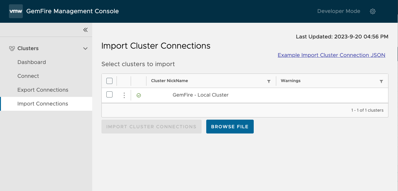 Import Cluster Screen with one cluster successfully ready to import.