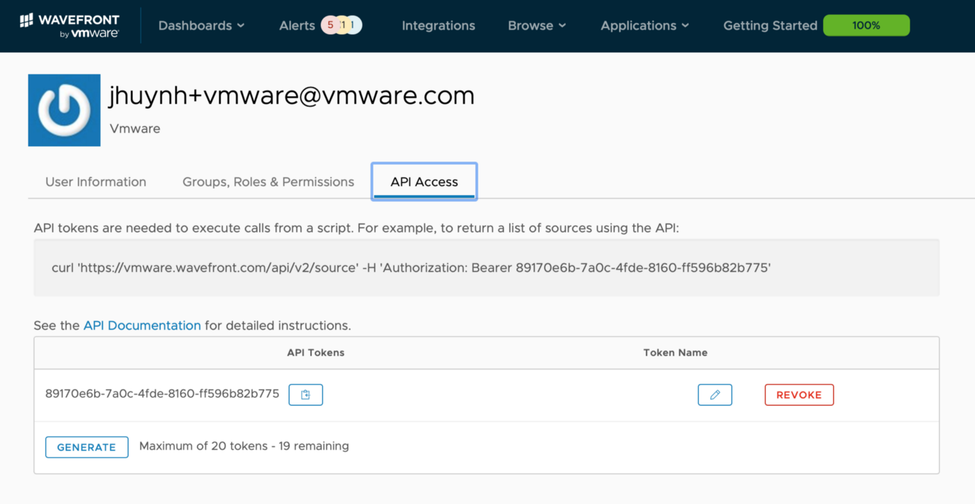 Wavefront GUI displaying API token key in &ldquo;API Access&rdquo; tab