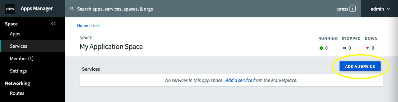 Add A Service Button in Apps Manager